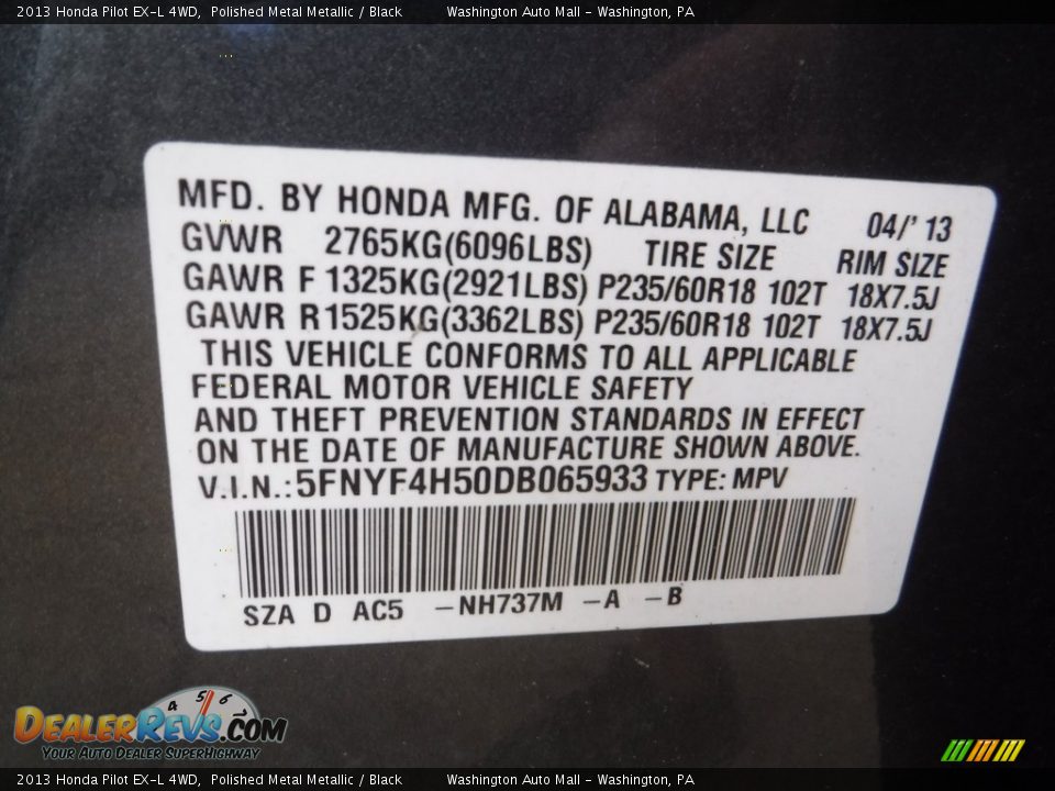 2013 Honda Pilot EX-L 4WD Polished Metal Metallic / Black Photo #26