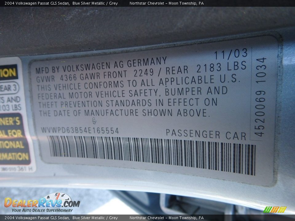 2004 Volkswagen Passat GLS Sedan Blue Silver Metallic / Grey Photo #14