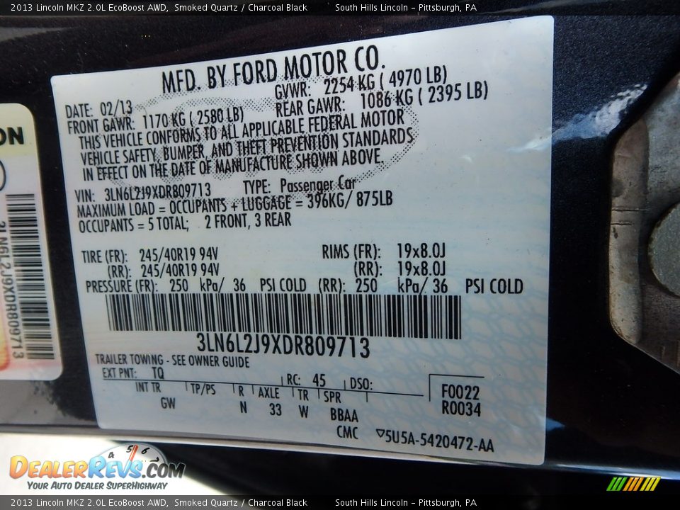 2013 Lincoln MKZ 2.0L EcoBoost AWD Smoked Quartz / Charcoal Black Photo #23