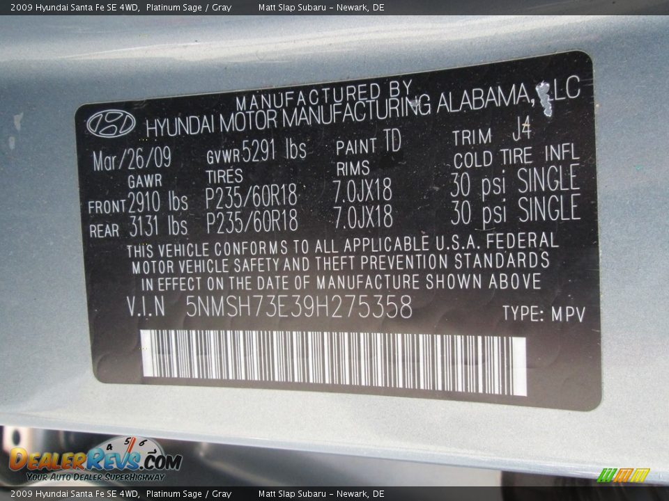 2009 Hyundai Santa Fe SE 4WD Platinum Sage / Gray Photo #28