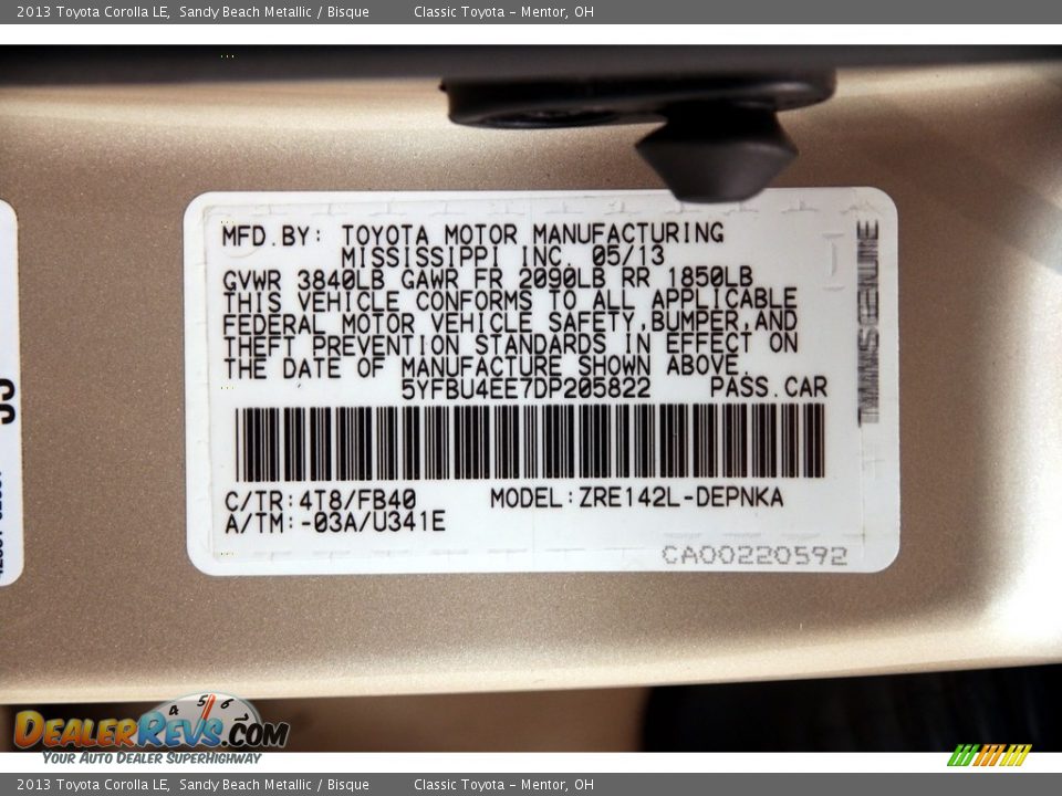 2013 Toyota Corolla LE Sandy Beach Metallic / Bisque Photo #17