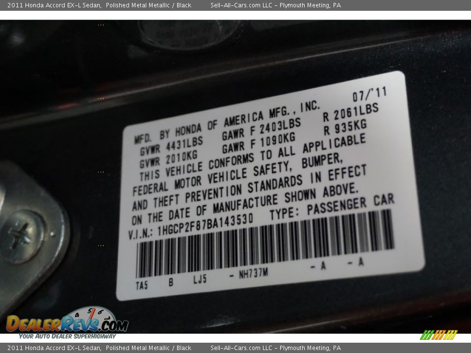 2011 Honda Accord EX-L Sedan Polished Metal Metallic / Black Photo #14