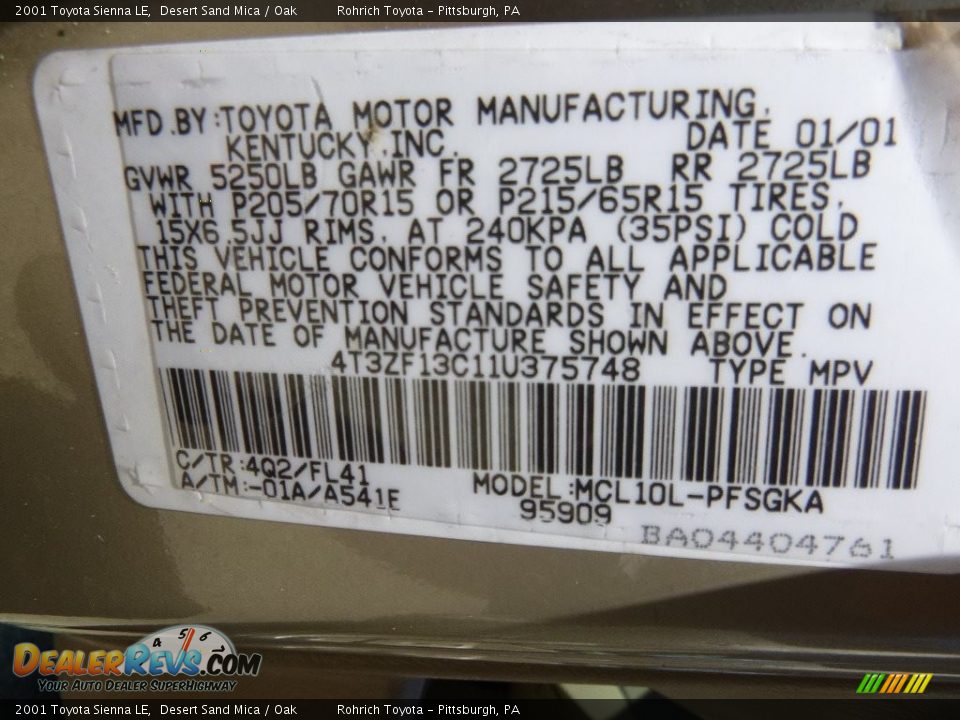 2001 Toyota Sienna LE Desert Sand Mica / Oak Photo #18