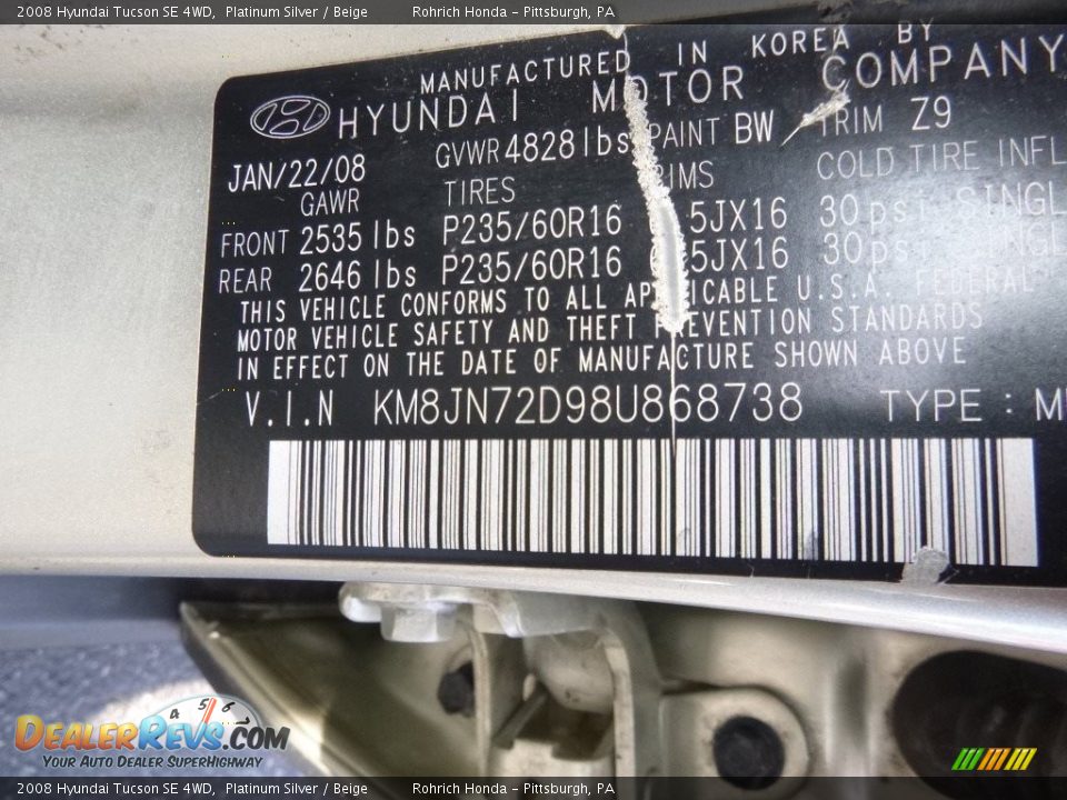 2008 Hyundai Tucson SE 4WD Platinum Silver / Beige Photo #25