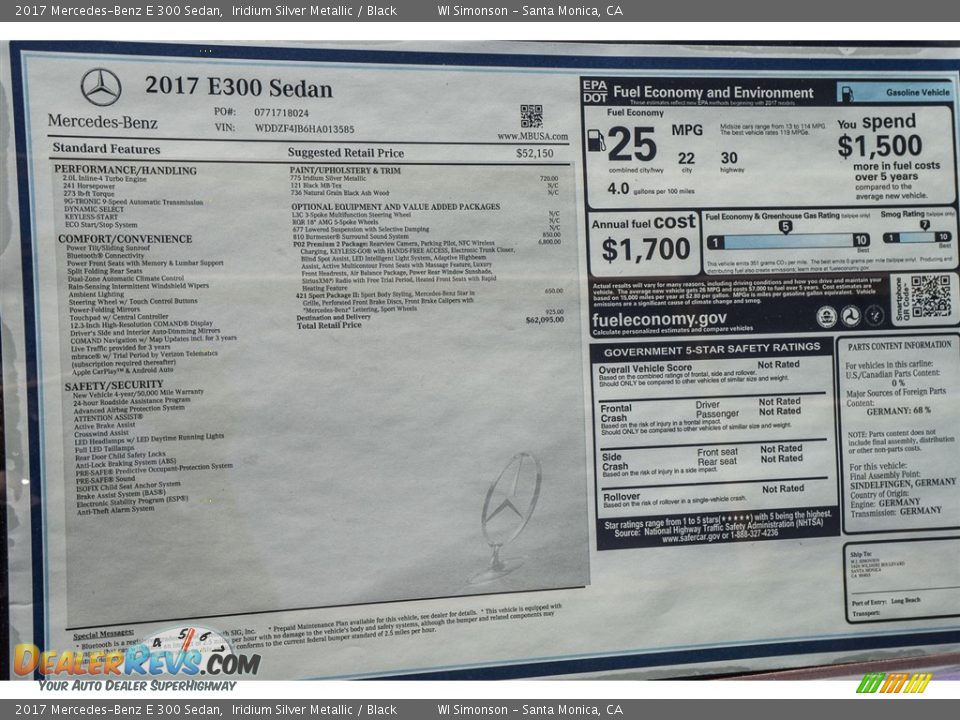 2017 Mercedes-Benz E 300 Sedan Iridium Silver Metallic / Black Photo #11