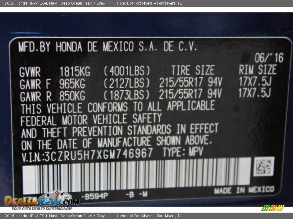 2016 Honda HR-V EX-L Navi Deep Ocean Pearl / Gray Photo #32