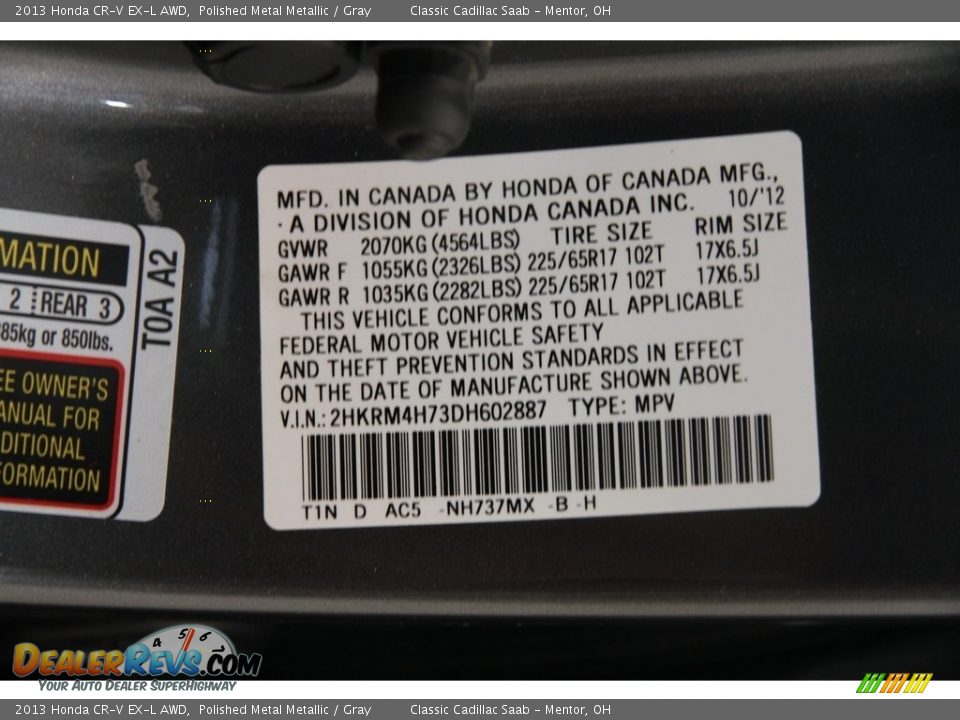 2013 Honda CR-V EX-L AWD Polished Metal Metallic / Gray Photo #19