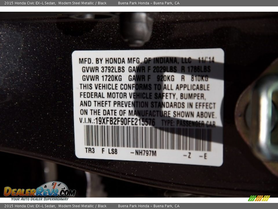 2015 Honda Civic EX-L Sedan Modern Steel Metallic / Black Photo #34