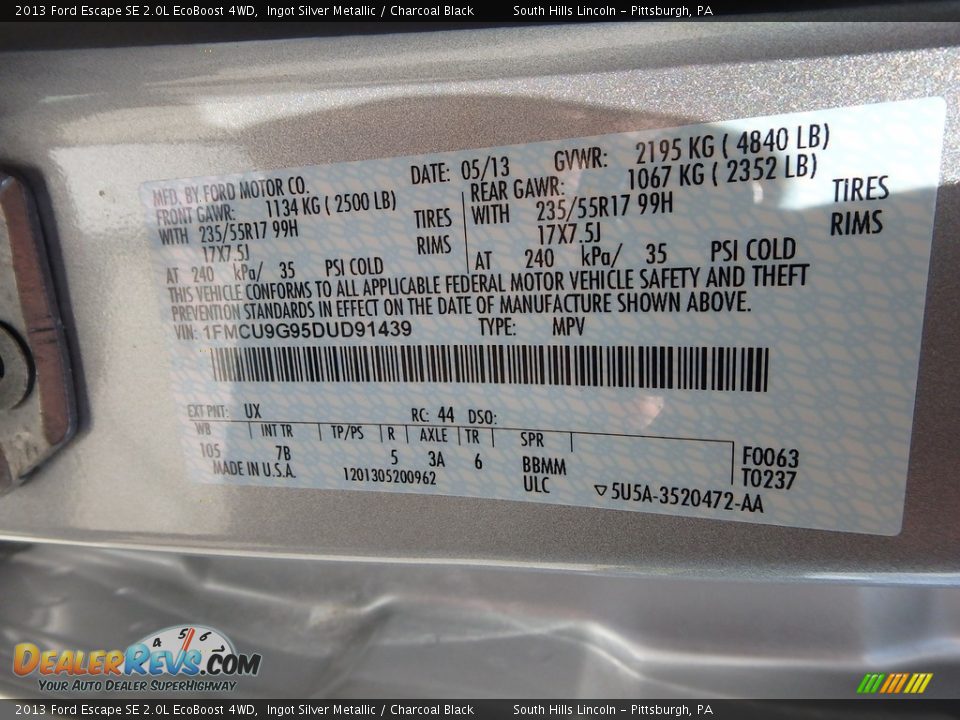 2013 Ford Escape SE 2.0L EcoBoost 4WD Ingot Silver Metallic / Charcoal Black Photo #24