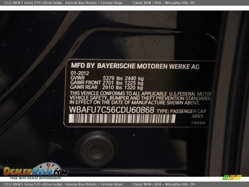 2012 BMW 5 Series 535i xDrive Sedan Imperial Blue Metallic / Venetian Beige Photo #20