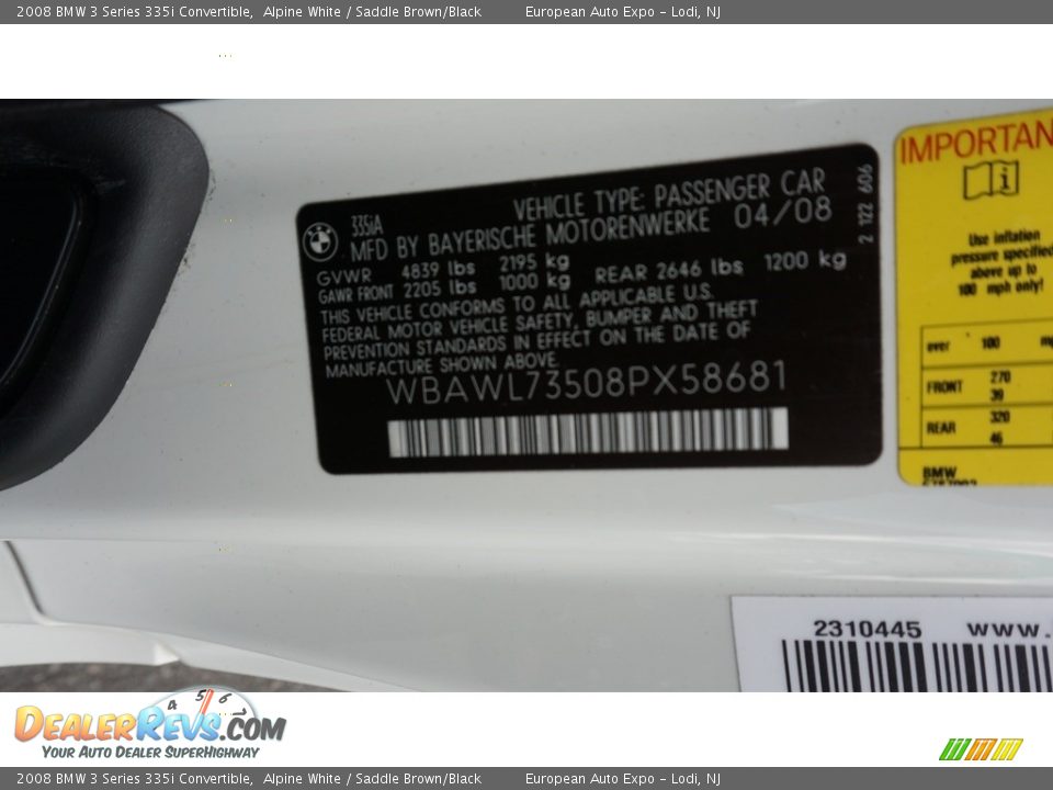 2008 BMW 3 Series 335i Convertible Alpine White / Saddle Brown/Black Photo #35