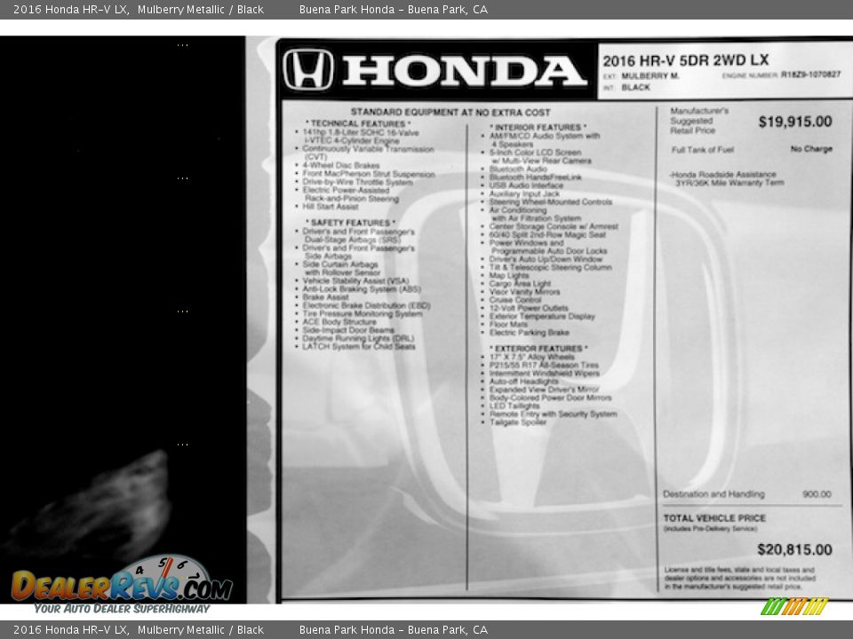 2016 Honda HR-V LX Mulberry Metallic / Black Photo #17