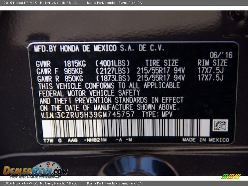 2016 Honda HR-V LX Mulberry Metallic / Black Photo #19