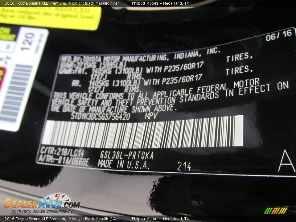 2016 Toyota Sienna XLE Premium Midnight Black Metallic / Ash Photo #35