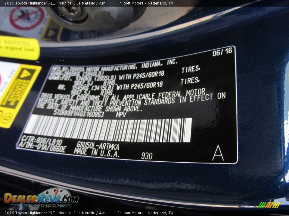 2016 Toyota Highlander XLE Nautical Blue Metallic / Ash Photo #35