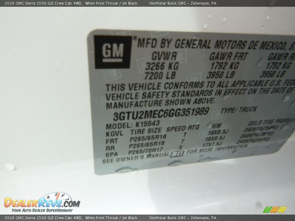 2016 GMC Sierra 1500 SLE Crew Cab 4WD White Frost Tricoat / Jet Black Photo #15