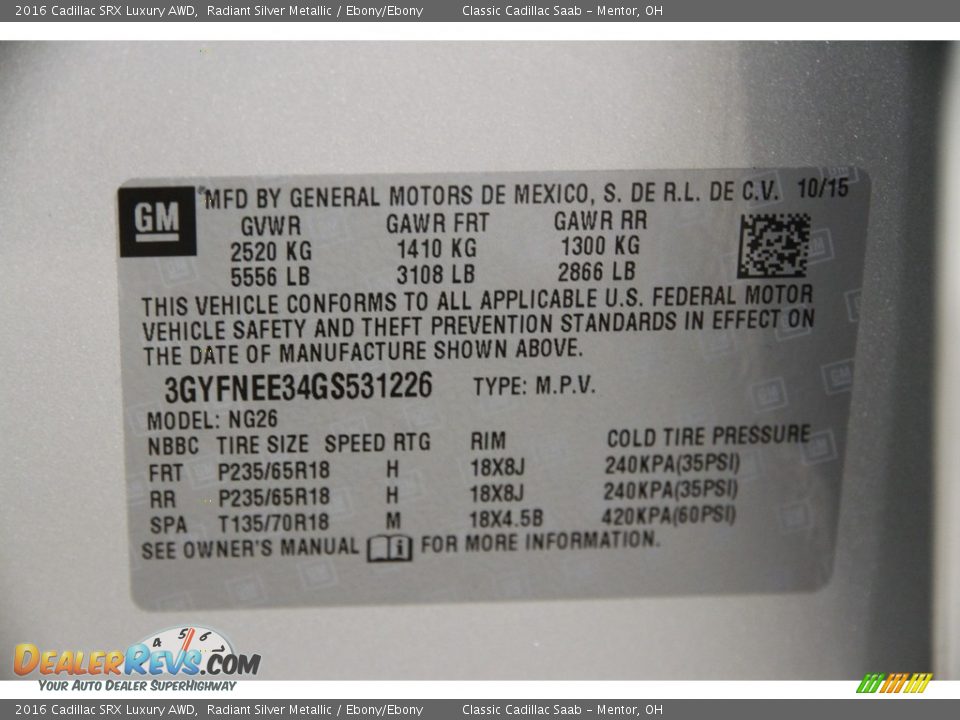 2016 Cadillac SRX Luxury AWD Radiant Silver Metallic / Ebony/Ebony Photo #16