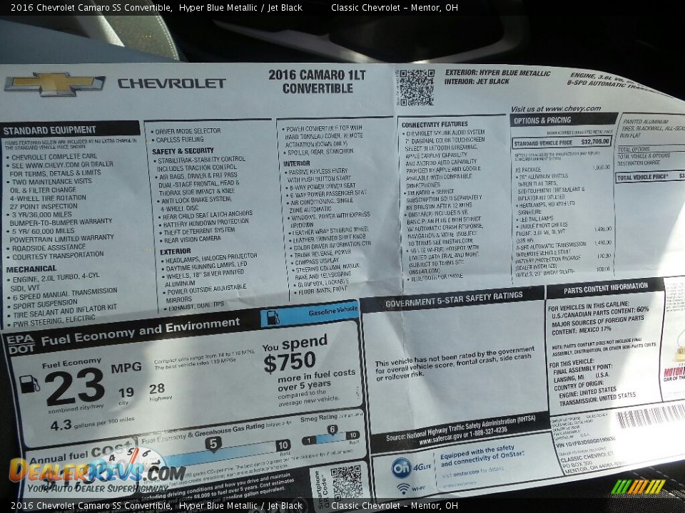 2016 Chevrolet Camaro SS Convertible Window Sticker Photo #7
