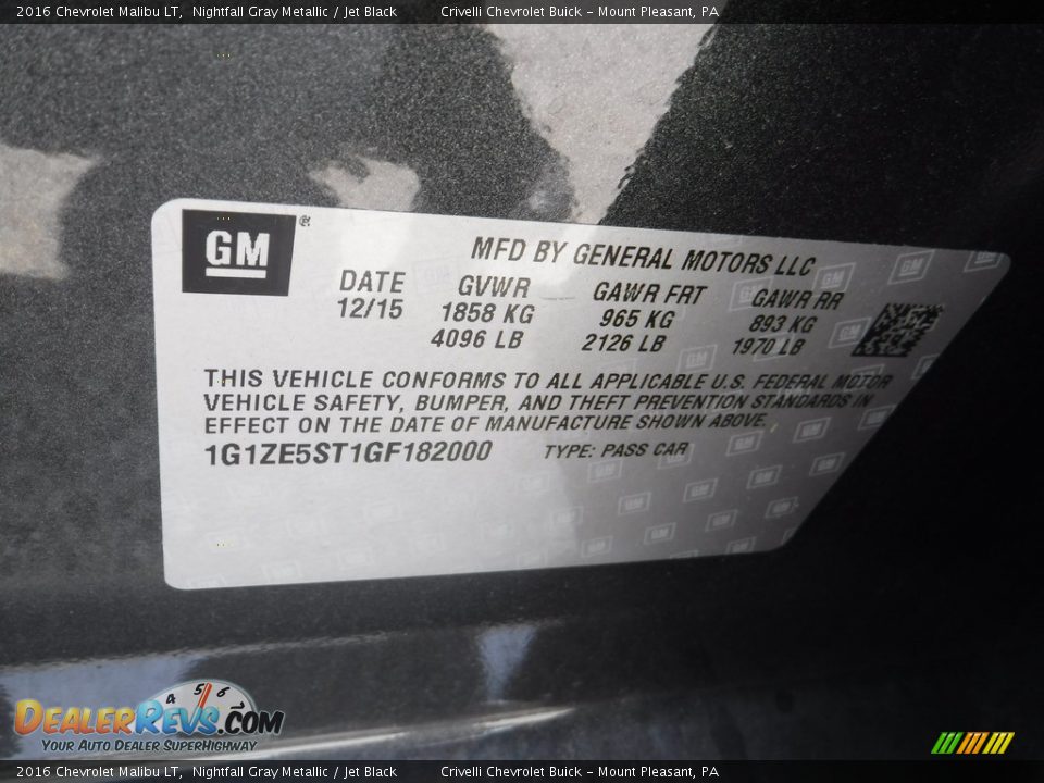2016 Chevrolet Malibu LT Nightfall Gray Metallic / Jet Black Photo #20