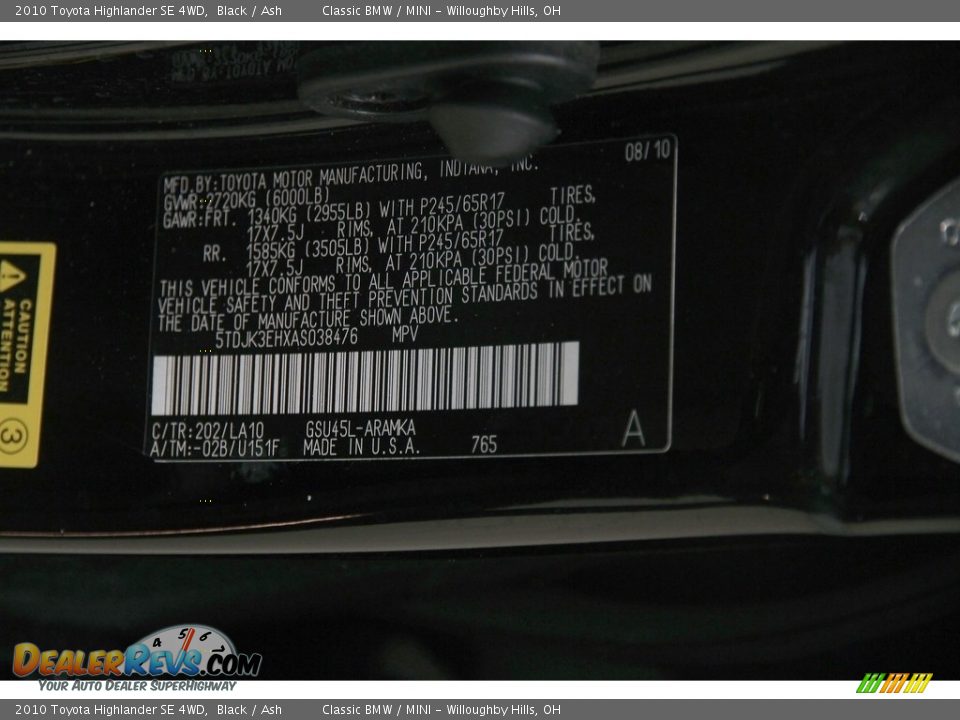 2010 Toyota Highlander SE 4WD Black / Ash Photo #24