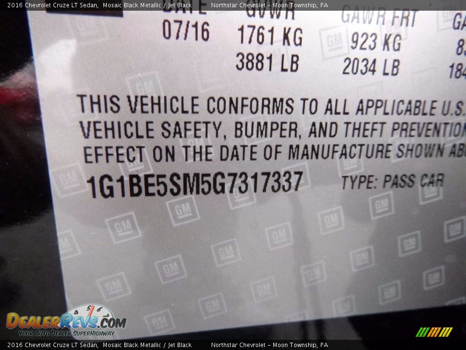 2016 Chevrolet Cruze LT Sedan Mosaic Black Metallic / Jet Black Photo #15