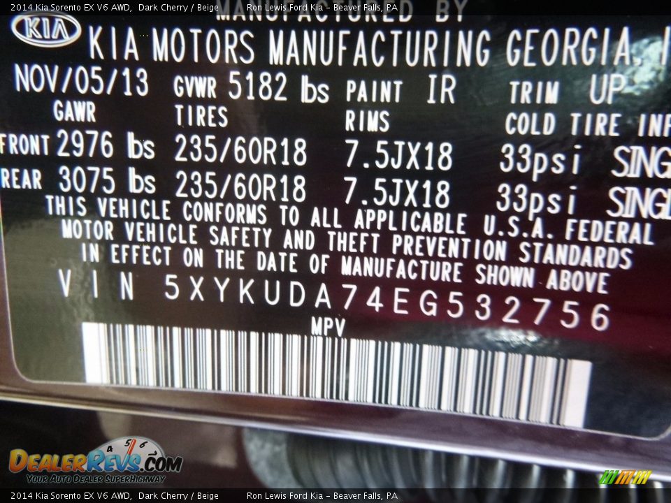 2014 Kia Sorento EX V6 AWD Dark Cherry / Beige Photo #14
