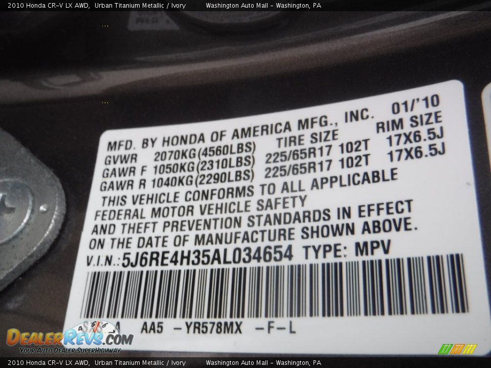 2010 Honda CR-V LX AWD Urban Titanium Metallic / Ivory Photo #19