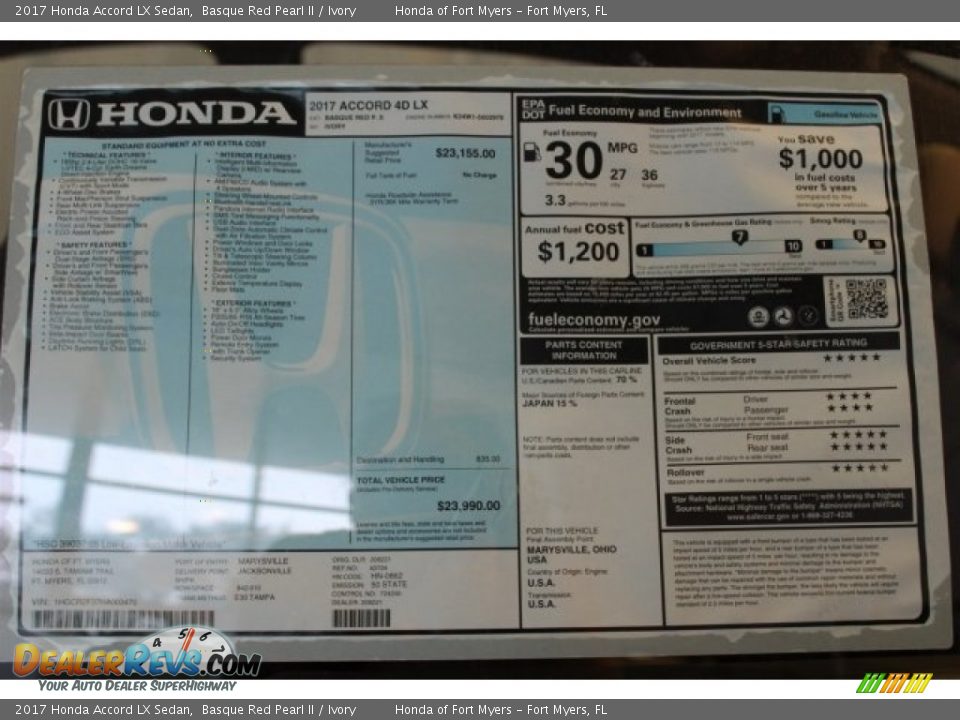 2017 Honda Accord LX Sedan Basque Red Pearl II / Ivory Photo #27