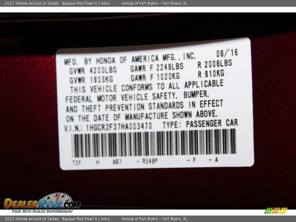 2017 Honda Accord LX Sedan Basque Red Pearl II / Ivory Photo #28