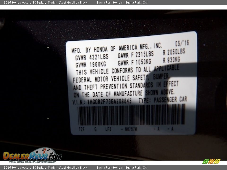 2016 Honda Accord EX Sedan Modern Steel Metallic / Black Photo #19