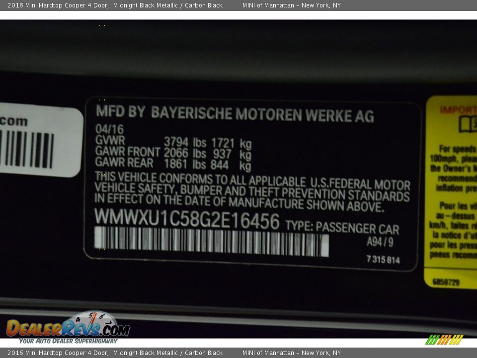 2016 Mini Hardtop Cooper 4 Door Midnight Black Metallic / Carbon Black Photo #20