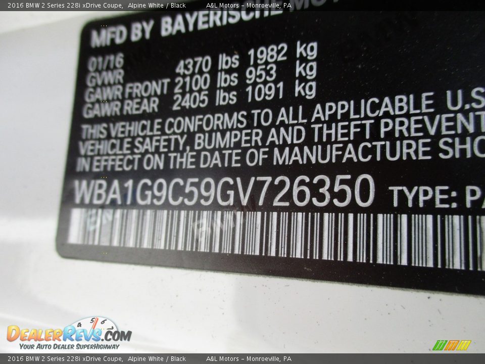 2016 BMW 2 Series 228i xDrive Coupe Alpine White / Black Photo #19