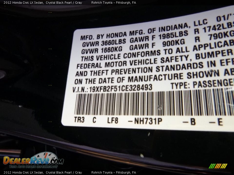 2012 Honda Civic LX Sedan Crystal Black Pearl / Gray Photo #25