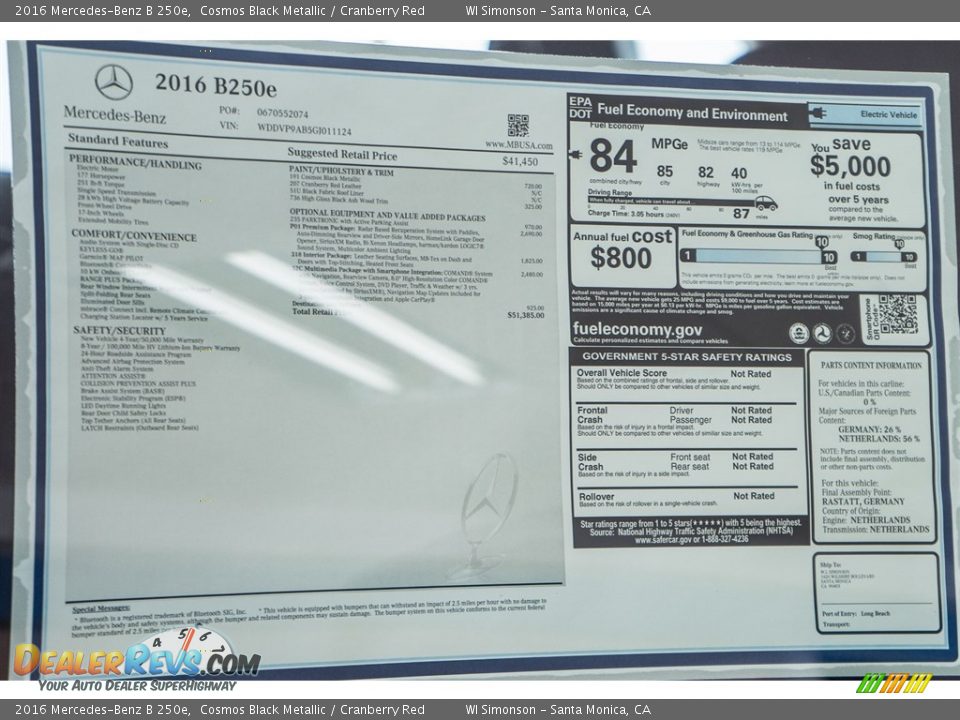 2016 Mercedes-Benz B 250e Window Sticker Photo #11