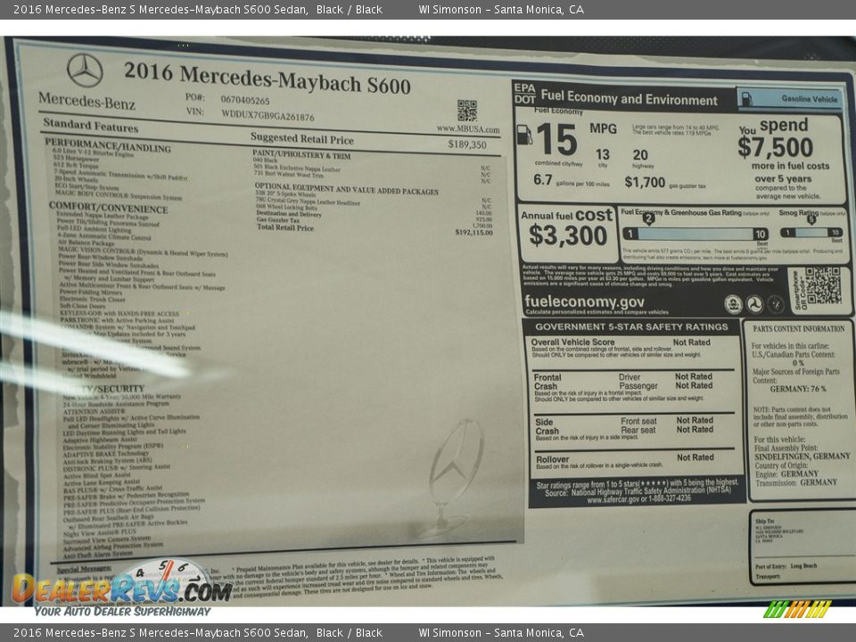 2016 Mercedes-Benz S Mercedes-Maybach S600 Sedan Window Sticker Photo #11