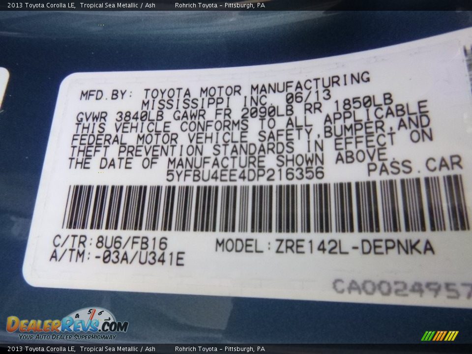 2013 Toyota Corolla LE Tropical Sea Metallic / Ash Photo #25