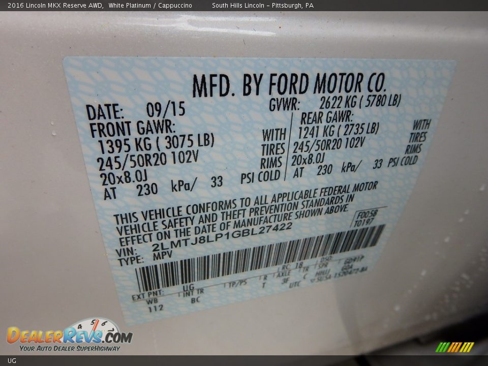 Lincoln Color Code UG White Platinum