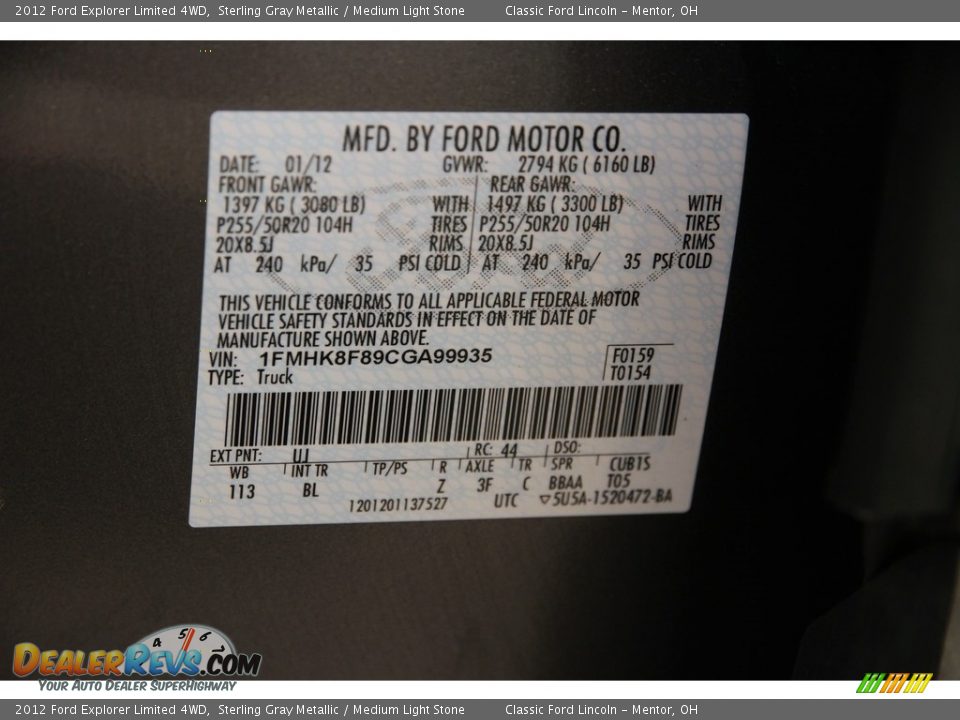 2012 Ford Explorer Limited 4WD Sterling Gray Metallic / Medium Light Stone Photo #19