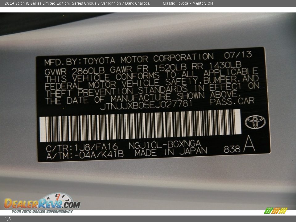 Scion Color Code 1J8 Series Unique Silver Ignition