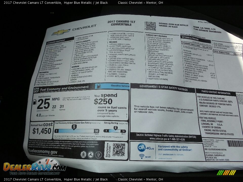 2017 Chevrolet Camaro LT Convertible Window Sticker Photo #7