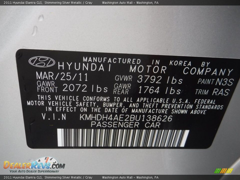 2011 Hyundai Elantra GLS Shimmering Silver Metallic / Gray Photo #19