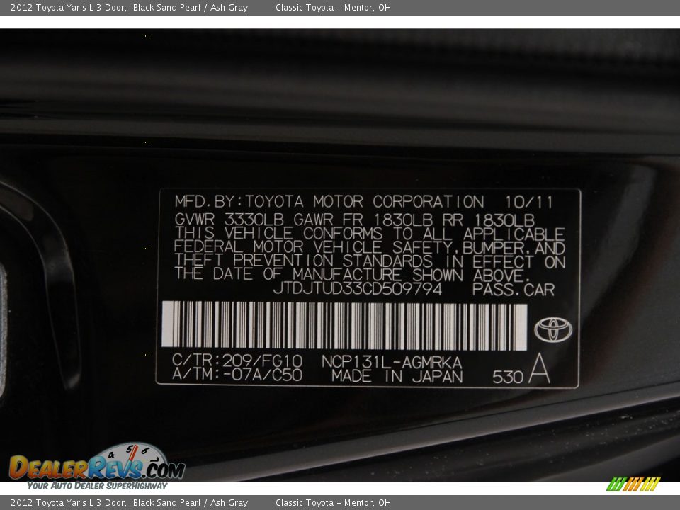 2012 Toyota Yaris L 3 Door Black Sand Pearl / Ash Gray Photo #15