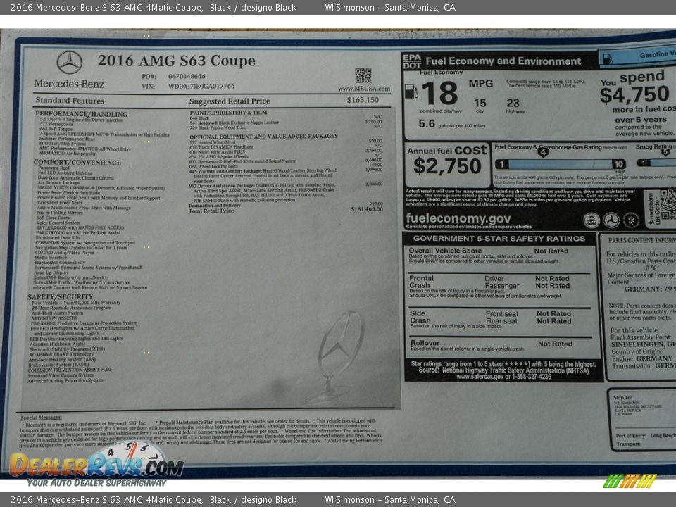 2016 Mercedes-Benz S 63 AMG 4Matic Coupe Window Sticker Photo #11