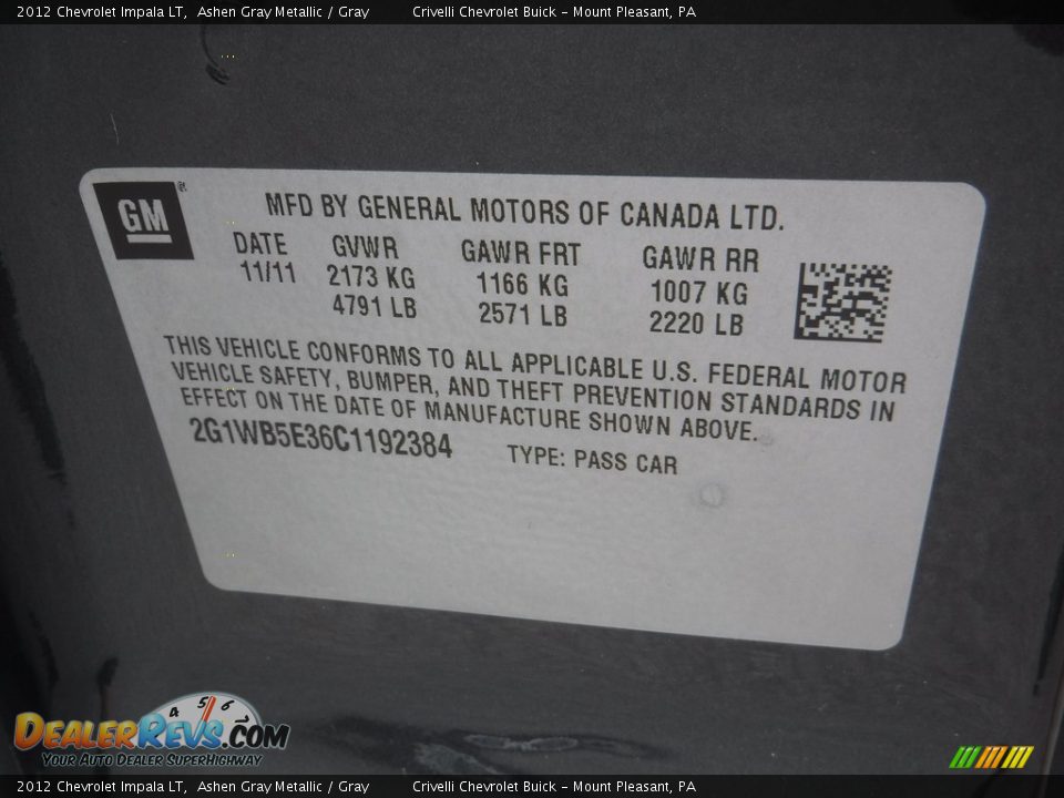 2012 Chevrolet Impala LT Ashen Gray Metallic / Gray Photo #29