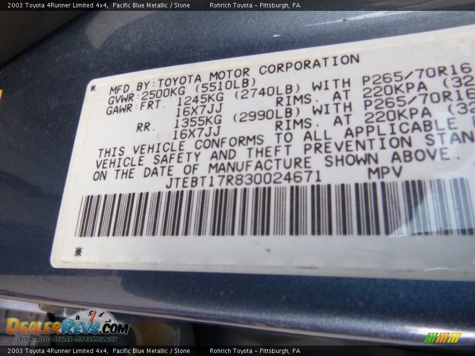 2003 Toyota 4Runner Limited 4x4 Pacific Blue Metallic / Stone Photo #25