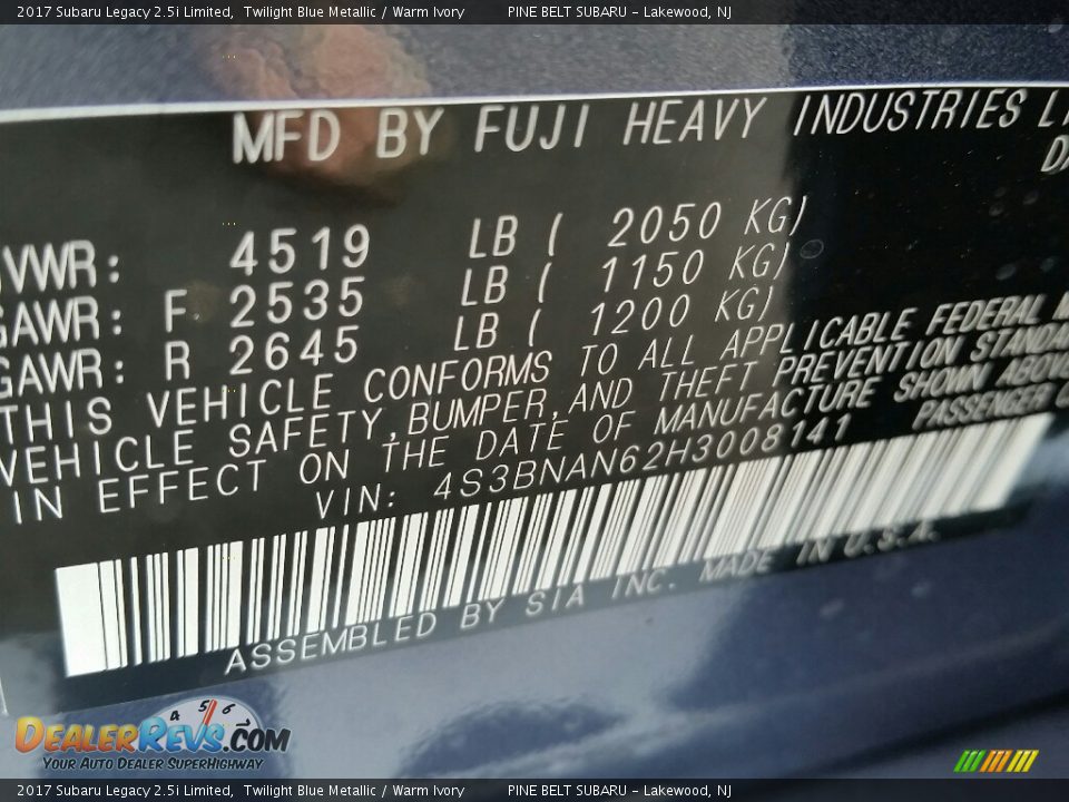 2017 Subaru Legacy 2.5i Limited Twilight Blue Metallic / Warm Ivory Photo #10