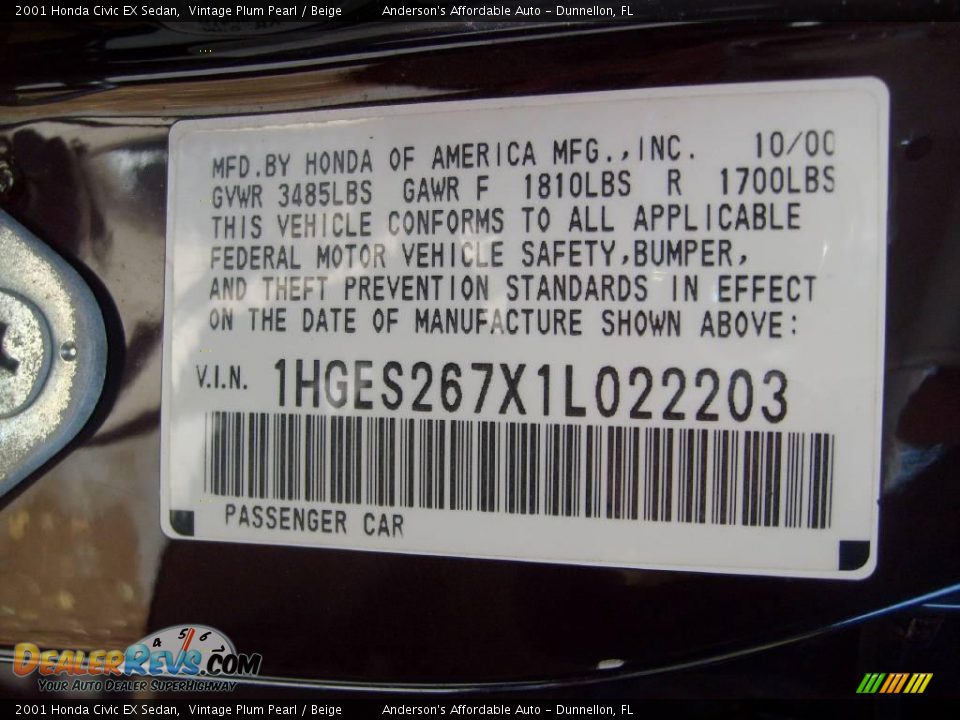 2001 Honda Civic EX Sedan Vintage Plum Pearl / Beige Photo #12