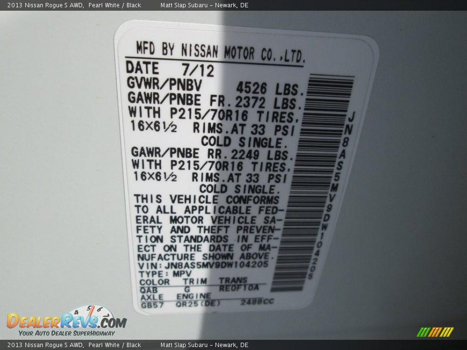 2013 Nissan Rogue S AWD Pearl White / Black Photo #28