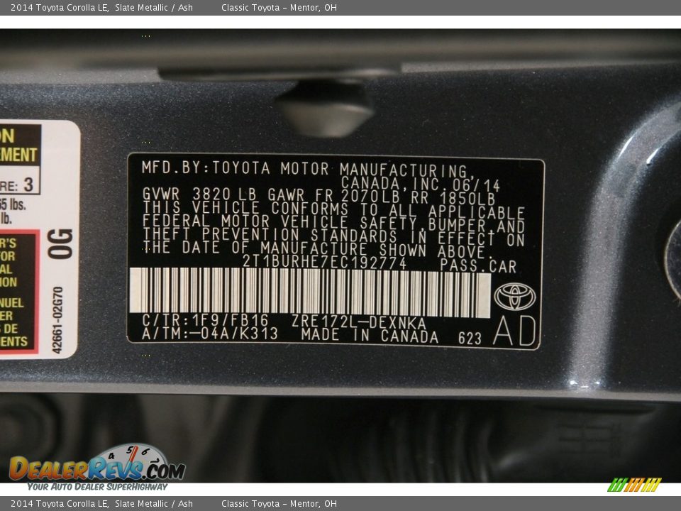 2014 Toyota Corolla LE Slate Metallic / Ash Photo #19