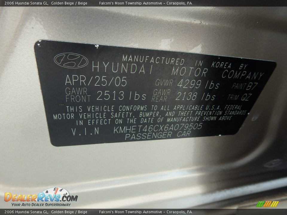 2006 Hyundai Sonata GL Golden Beige / Beige Photo #24